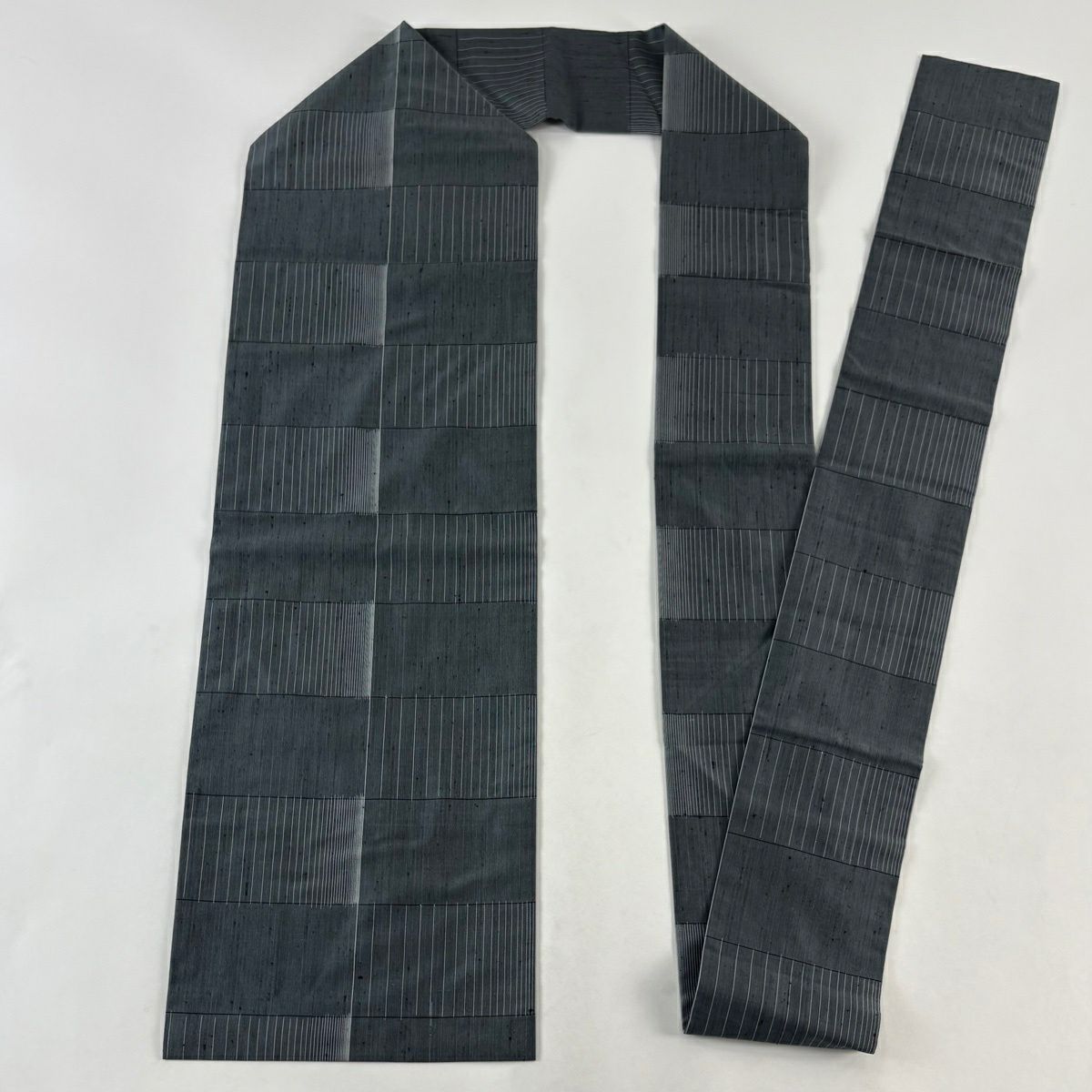 【美品】名古屋帶 優品級 紬織織 地 細條 灰綠 純蠶絲