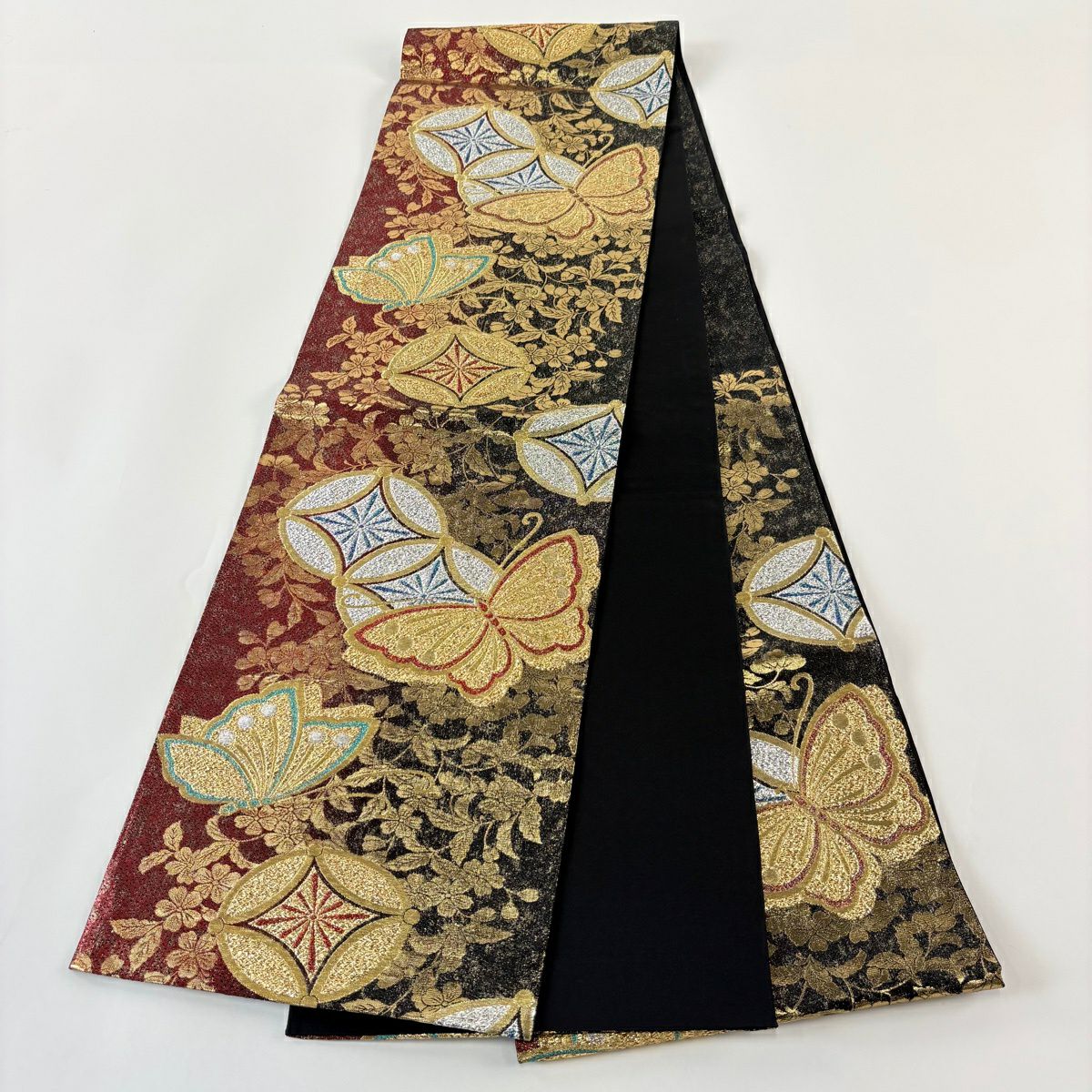 【美品】 袋帶 秀品級 振袖禮服禮服用 蝶 七寶 金絲 金金箔 金色 六通 純蠶絲