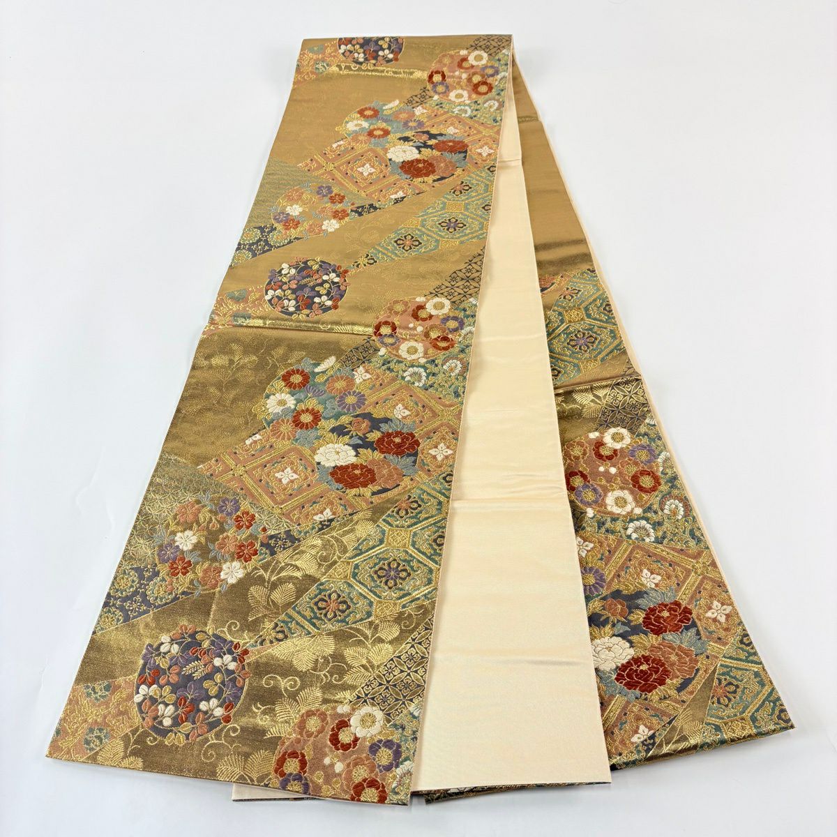 【美品】 袋帶 秀品級 花丸紋 華紋 唐織 金絲 金 六通 純蠶絲