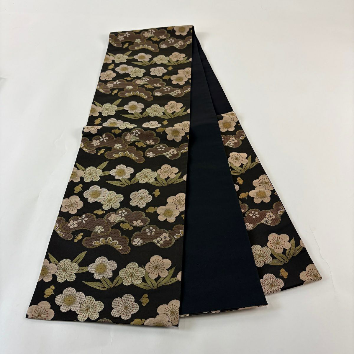 【美品】 袋帶 秀品級 松樹竹子梅花 墨 深藍 六通 純蠶絲