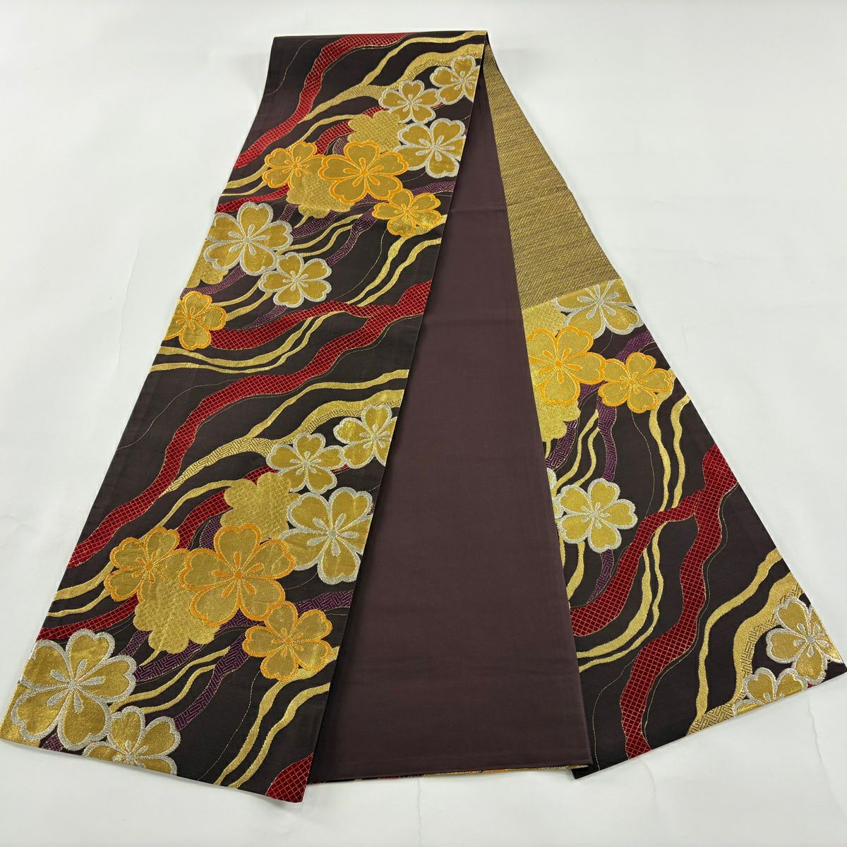 袋帶 秀品級 櫻花 幾何圖案 金銀彩 刺繡 焦茶 六通 純蠶絲