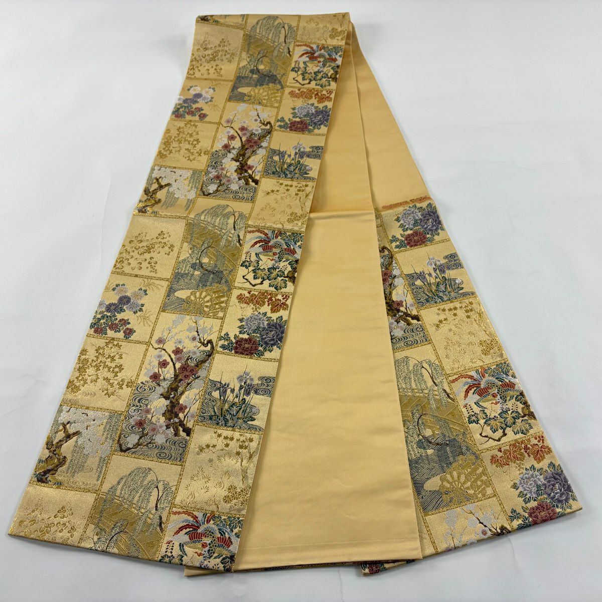 【美品】 袋帶 秀品級 琳派清榮 枝梅花 花鳥 刺繡 金絲 金 六通 純蠶絲