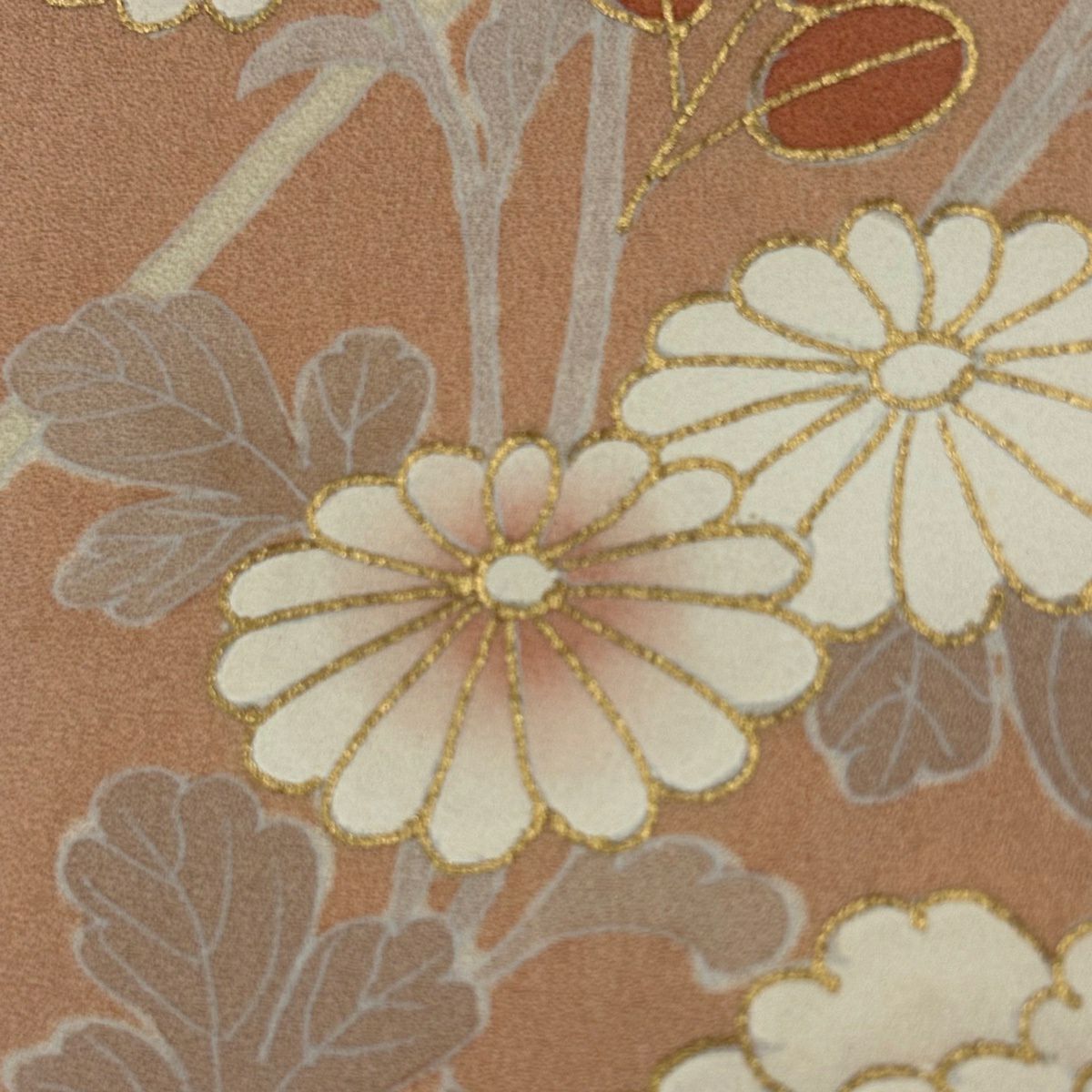 訪問服 身長166.5cm 袖長64cm M 雙層 牡丹 秋草 金絲 金銀彩 淺橙色 純蠶絲 優品級