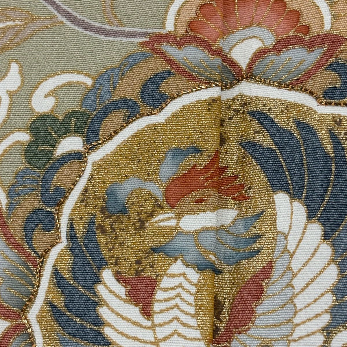色留袖禮服 身長161.5cm 袖長66cm M 雙層 華紋 花鳥 金絲 金銀彩 灰綠 純蠶絲 秀品級 三つ紋