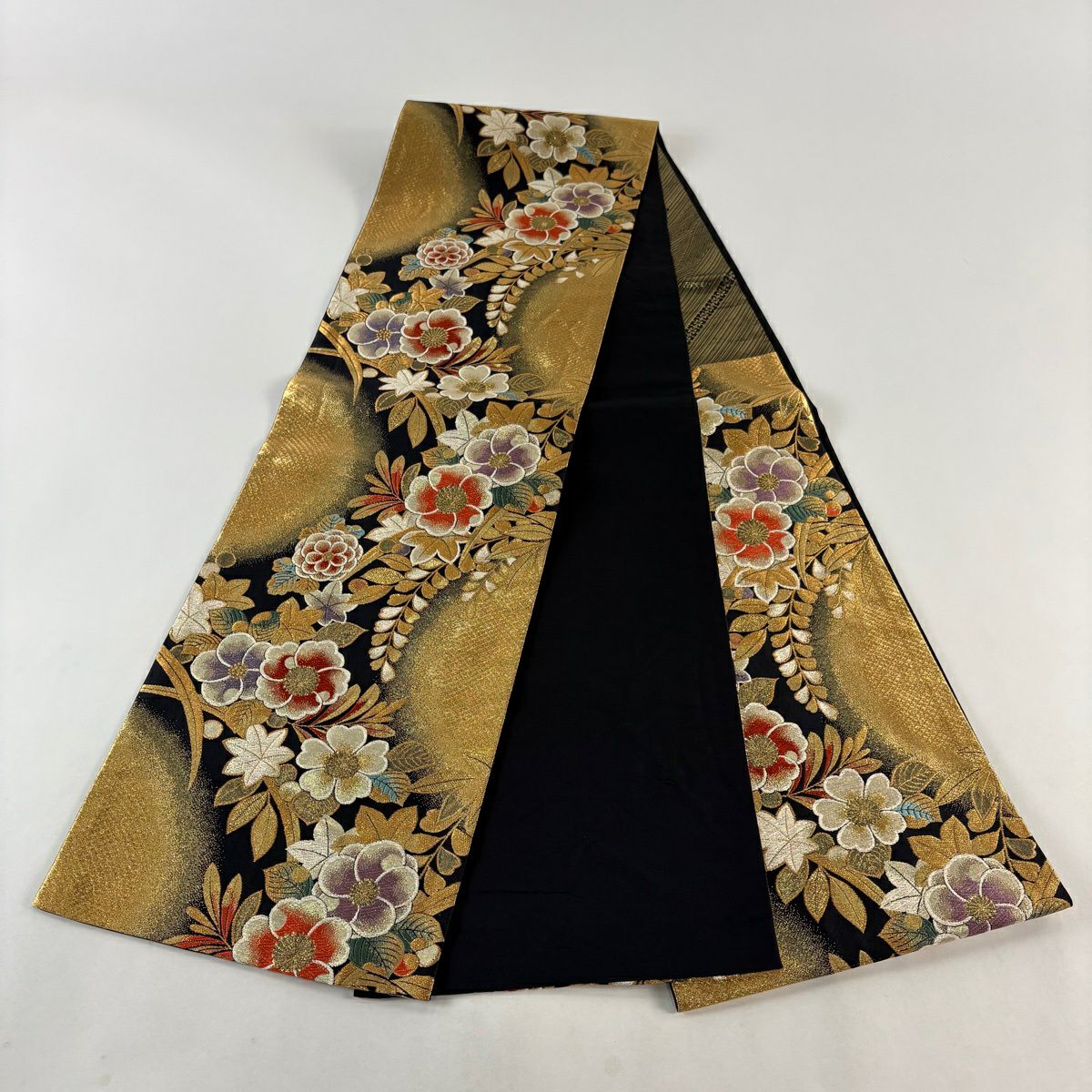 【美品】 袋帶 秀品級 草花紋紋 金糸 金金箔 黑 六通 純蠶絲