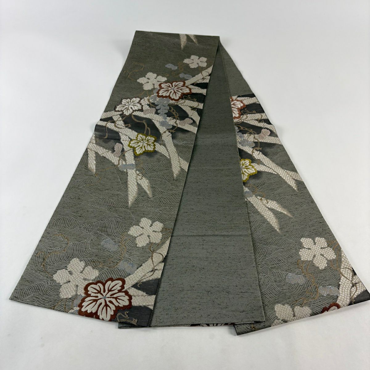 【美品】 袋帶 秀品級 竹子垣葡萄小袖裂 灰 深藍 六通 純蠶絲