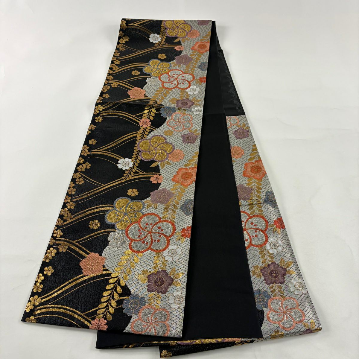 袋帶 秀品級 振袖禮服禮服用 梅花花 櫻花花 金金箔 銀線 黑色 六通 純蠶絲