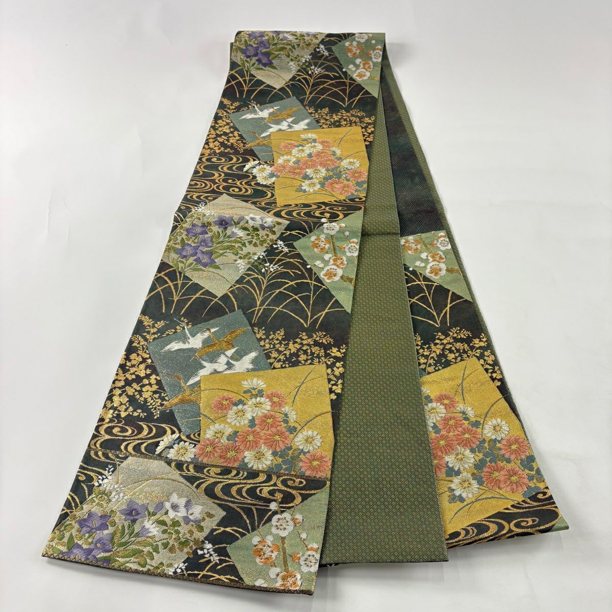 【美品】 袋帶 秀品級 色紙 菊花 金金箔 金銀彩 深綠 六通 純蠶絲