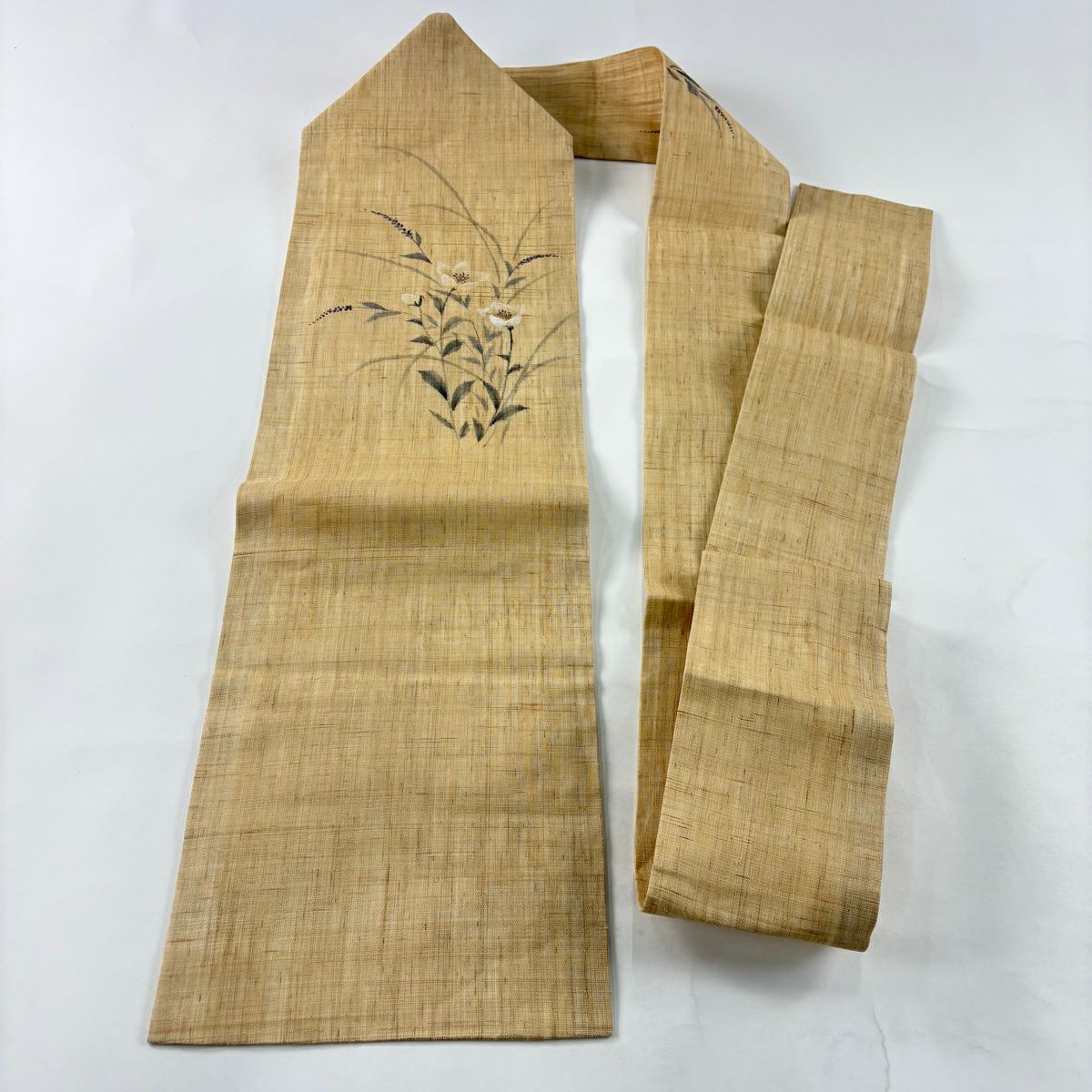 【美品】 名古屋帶 秀品級 夏帶 草花紋 薄茶 純麻