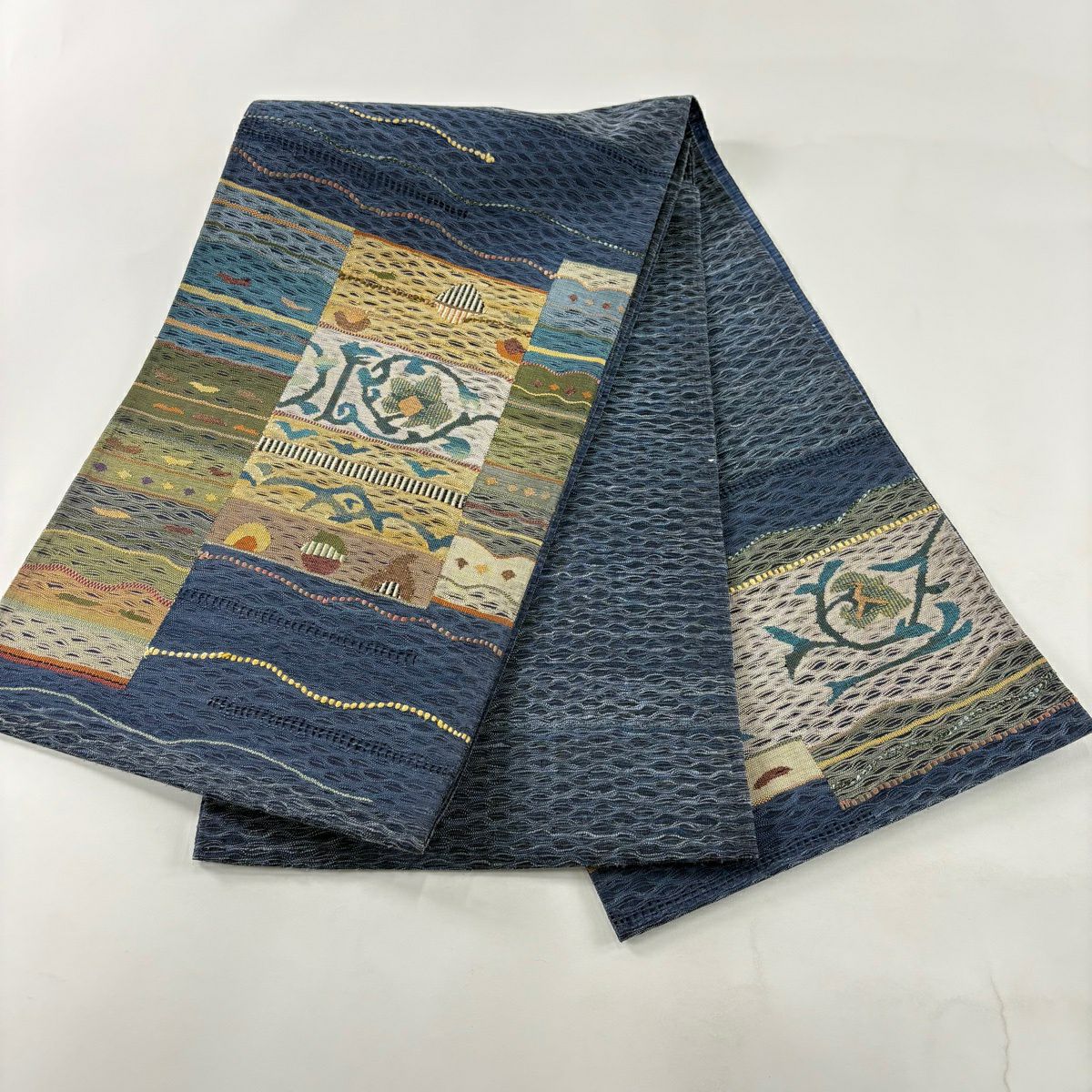 袋帶 秀品級 夏帶 花唐草紋 幾何學 金絲 深藍色 大鼓圖案 純蠶絲