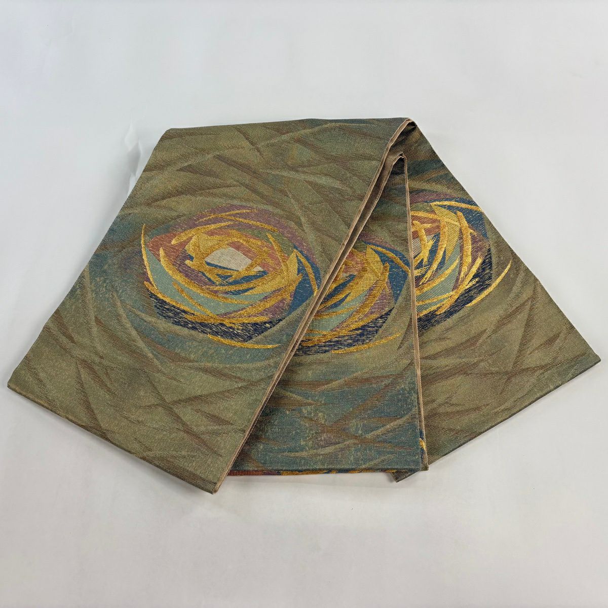 【美品】 袋帶 名品級 花 金絲 金金箔 鶯色 六通 純蠶絲