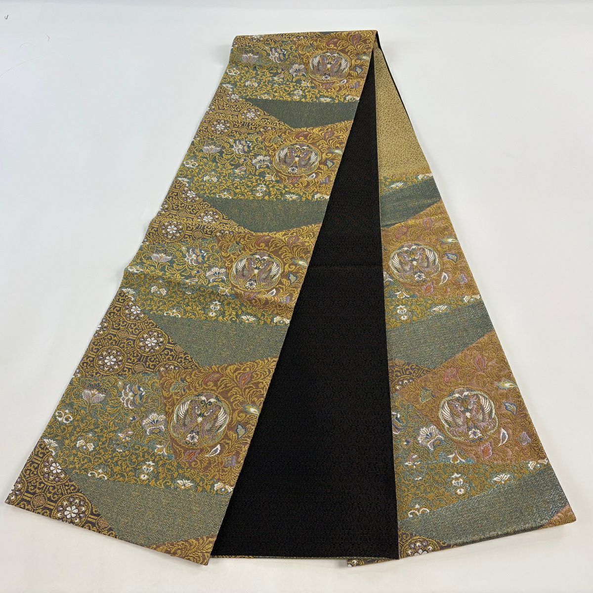 【美品】 袋帶 名品級 向鳥 花唐草紋 輪奈織 金絲 綠 六通 純蠶絲
