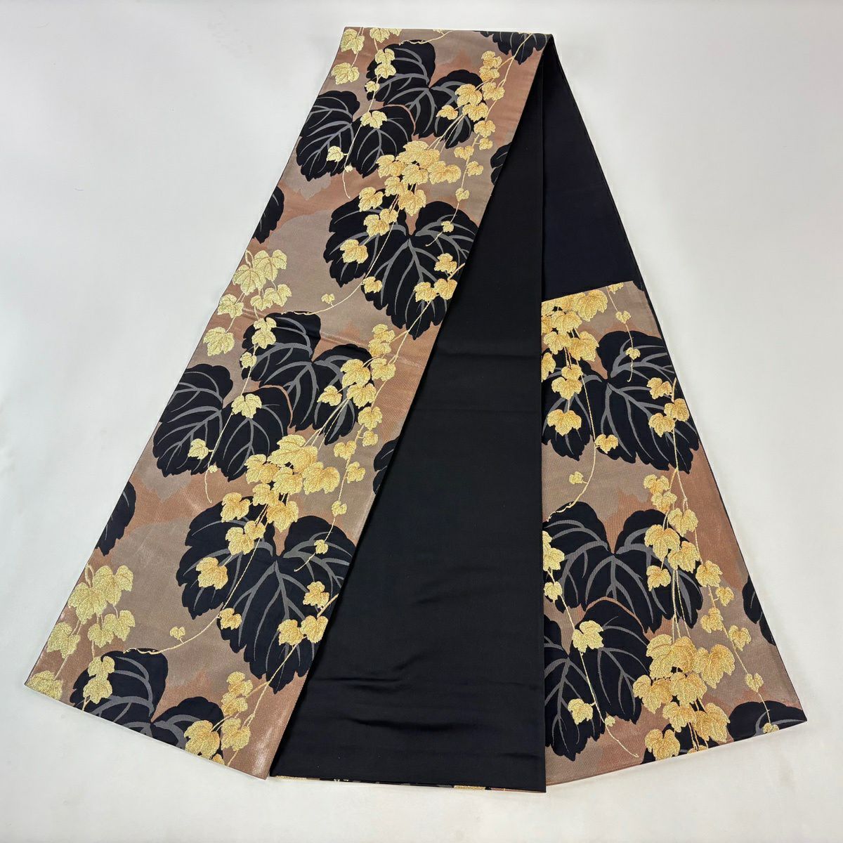 【美品】 袋帶 名品級 蔦 輪廓 金絲 金金箔 灰茶 六通 純蠶絲