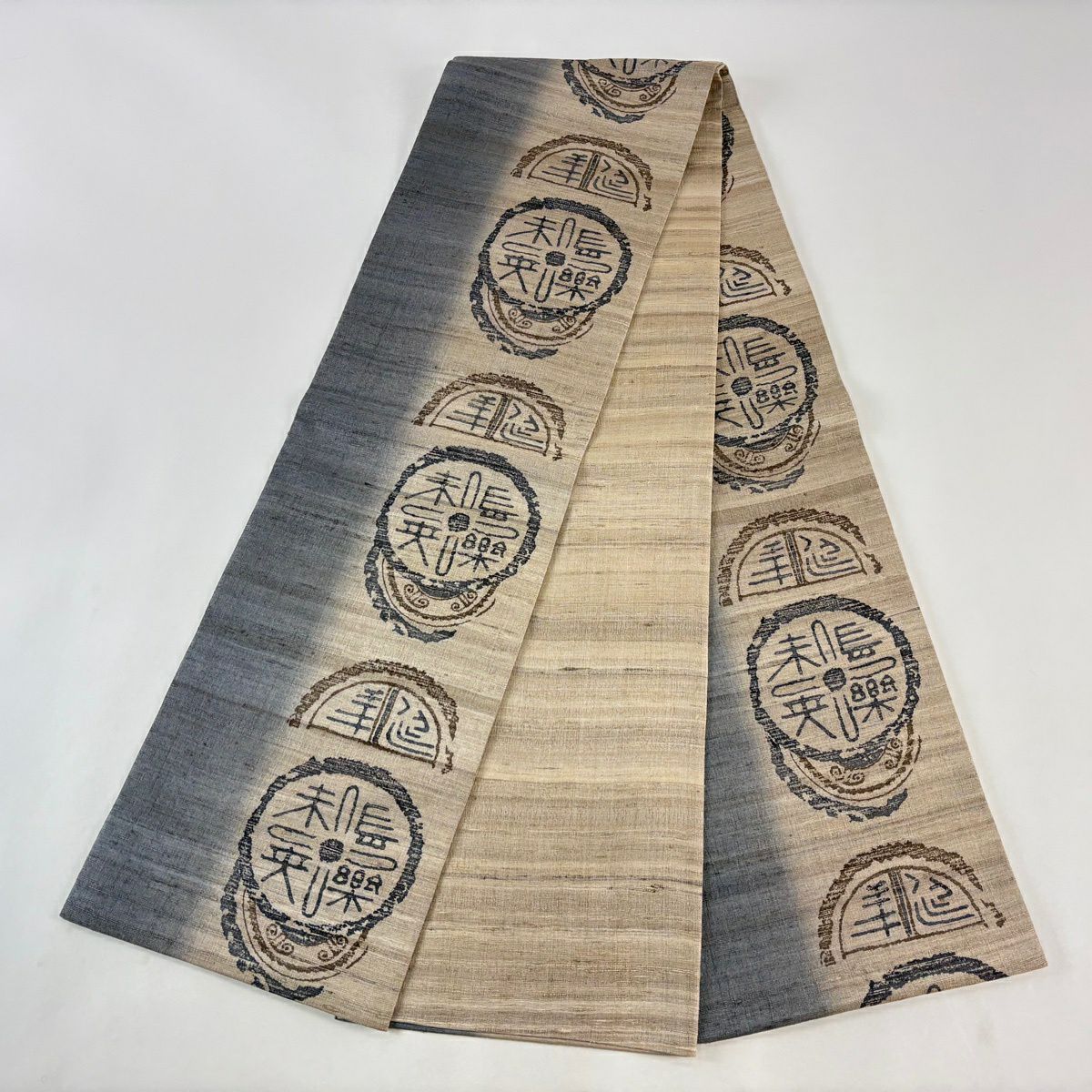 【美品】 袋帶 名品級 紬織織 文字 幾何學 漸層 灰色 全通 純蠶絲