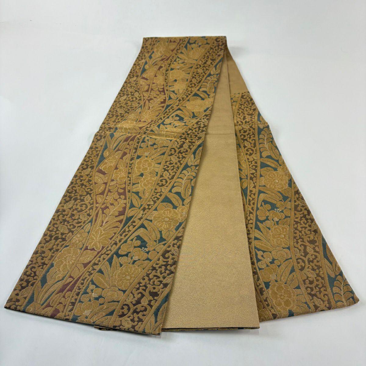 【美品】 袋帶 名品級 草花紋 花唐草紋 金絲 金金箔 黃土 深色 六通 純蠶絲