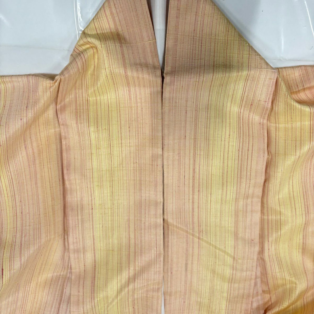 【美品】 紬織 身長160.5cm 袖長64.5cm M 雙層 垂直條紋 淺橙色 純蠶絲 名品級