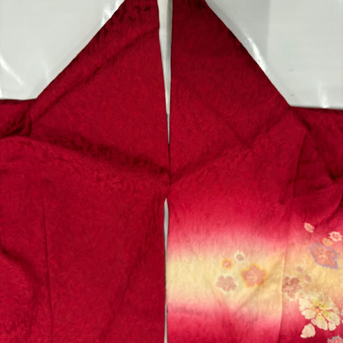 振袖禮服 身長159.5cm 袖長67.5cm L 雙層 櫻花 流水 金絲 絞染 紅 純蠶絲 名品級