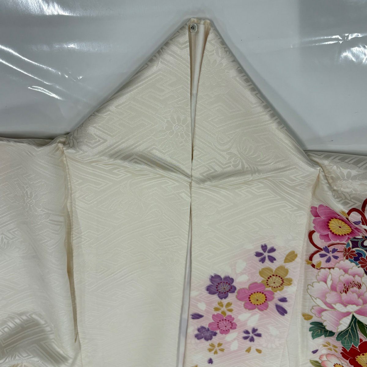 【美品】訪問服 身長157cm 袖長63.5cm S 雙層 鞠 草花紋紋 金金箔 刺繡 奶油色 純蠶絲 優品級