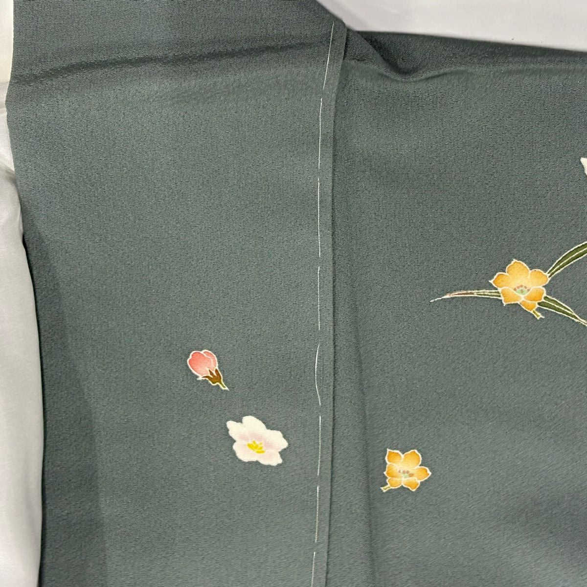 訪問服 身長167.5cm 袖長67.5cm L 雙層 落款 木蓮 草花紋紋 染分 ぼかし 灰綠 純蠶絲 秀品級 一つ紋