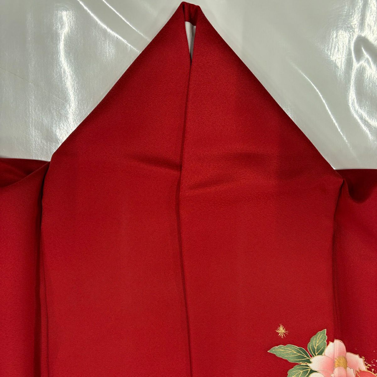 振袖禮服 身長156.5cm 袖長65.5cm M 雙層 落款あり 桧扇子 草花紋紋 金銀彩 紅 純蠶絲 秀品級
