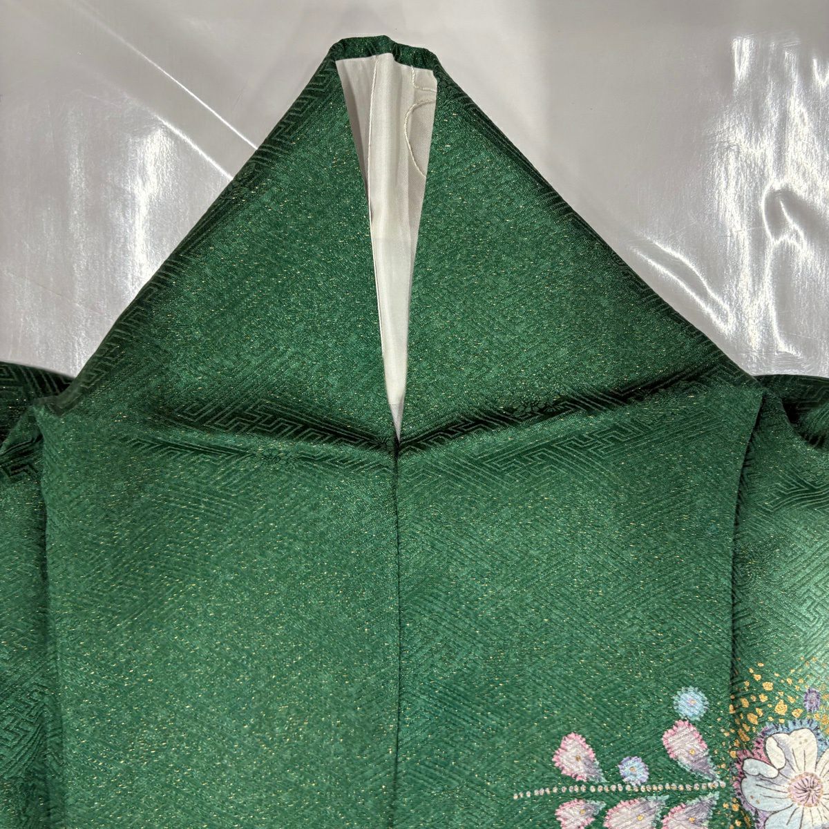 訪問服 身長159cm 袖長67.5cm L 雙層 鈴乃屋 辻花染 金通し 金銀彩 綠 純蠶絲 秀品級