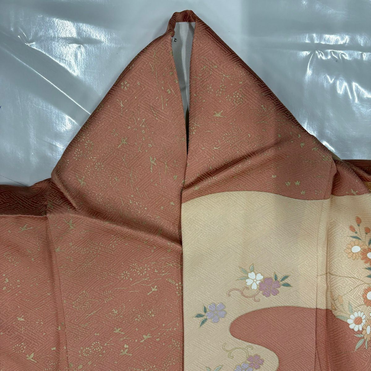 訪問服 身長159.5cm 袖長63cm S 雙層 草花紋紋 霞 金糸 絞染 鮭粉色 純蠶絲 秀品級