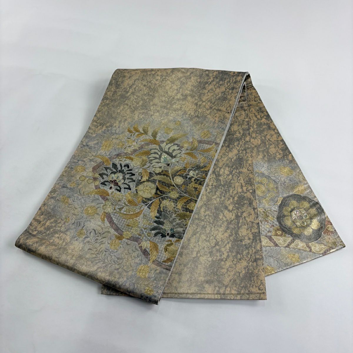 袋帶 秀品級 花唐草紋 幾何圖案 金銀彩 螺鈿 灰茶 大鼓圖案 純蠶絲