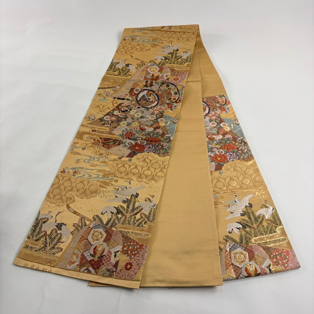 袋帶 秀品級 能樂松樹仙鶴紋 金絲 金金箔 米色 六通 純蠶絲