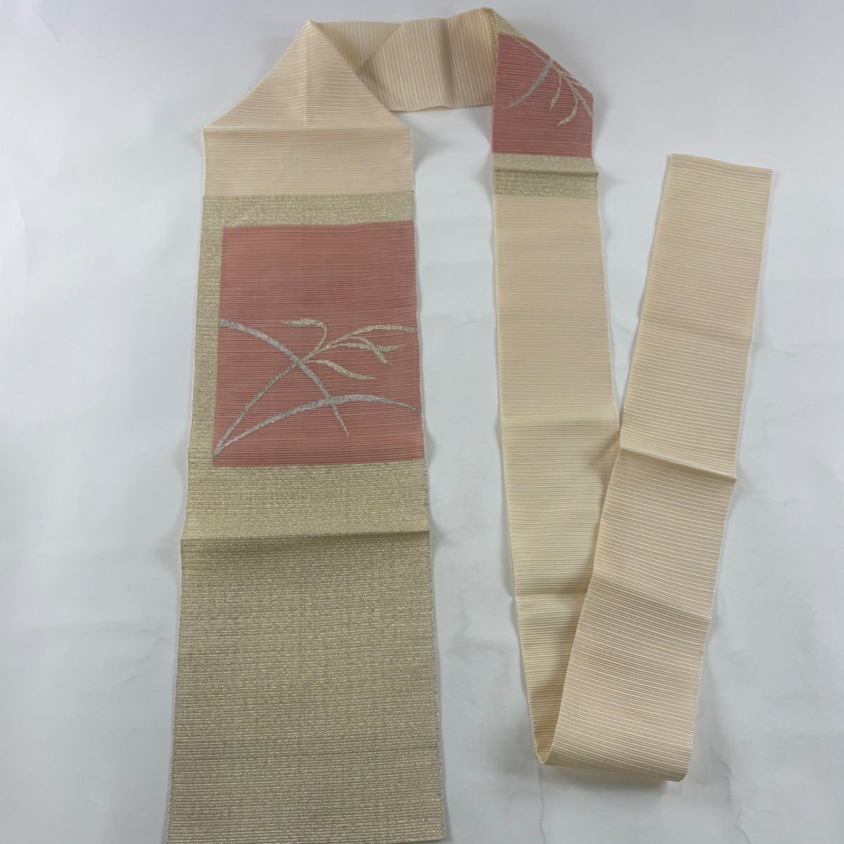 【美品】名古屋帶 優品級 八寸名古屋帶 夏帶 絽 葉紋 金銀彩 米色 純蠶絲
