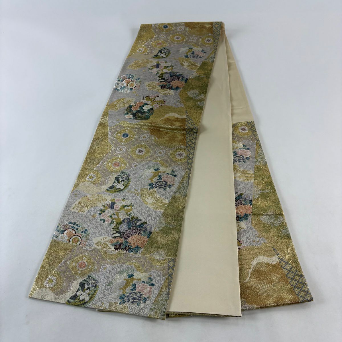 【美品】 袋帶 秀品級 花丸紋 華紋 金銀線 金金箔 金色 六通 純蠶絲