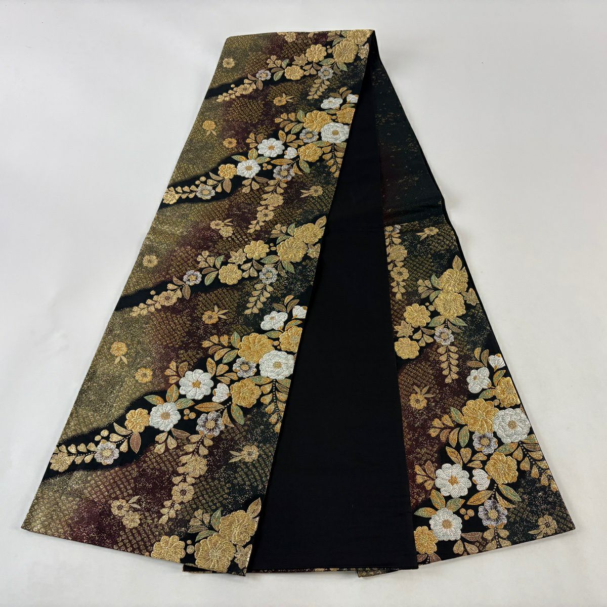 袋帶 秀品級 大和 草花紋紋 市松樹 金銀彩 金金箔 黑 六通 純蠶絲