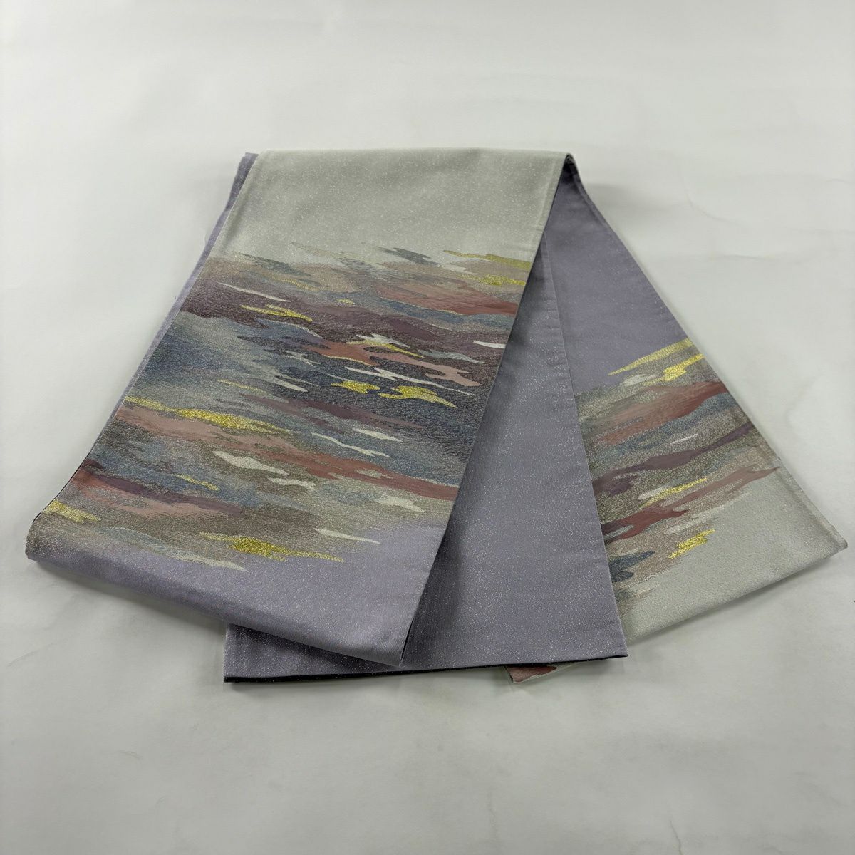 【美品】 袋帶 秀品級 霞 金銀絲 淺紫 お太鼓圖案 純蠶絲