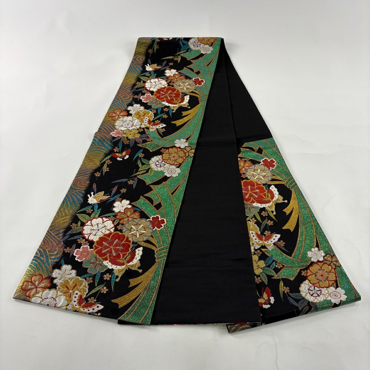 【美品】 袋帶 秀品級 振袖禮服禮服用 櫻花 蝴蝶 唐織 金絲 黑色 六通 純蠶絲