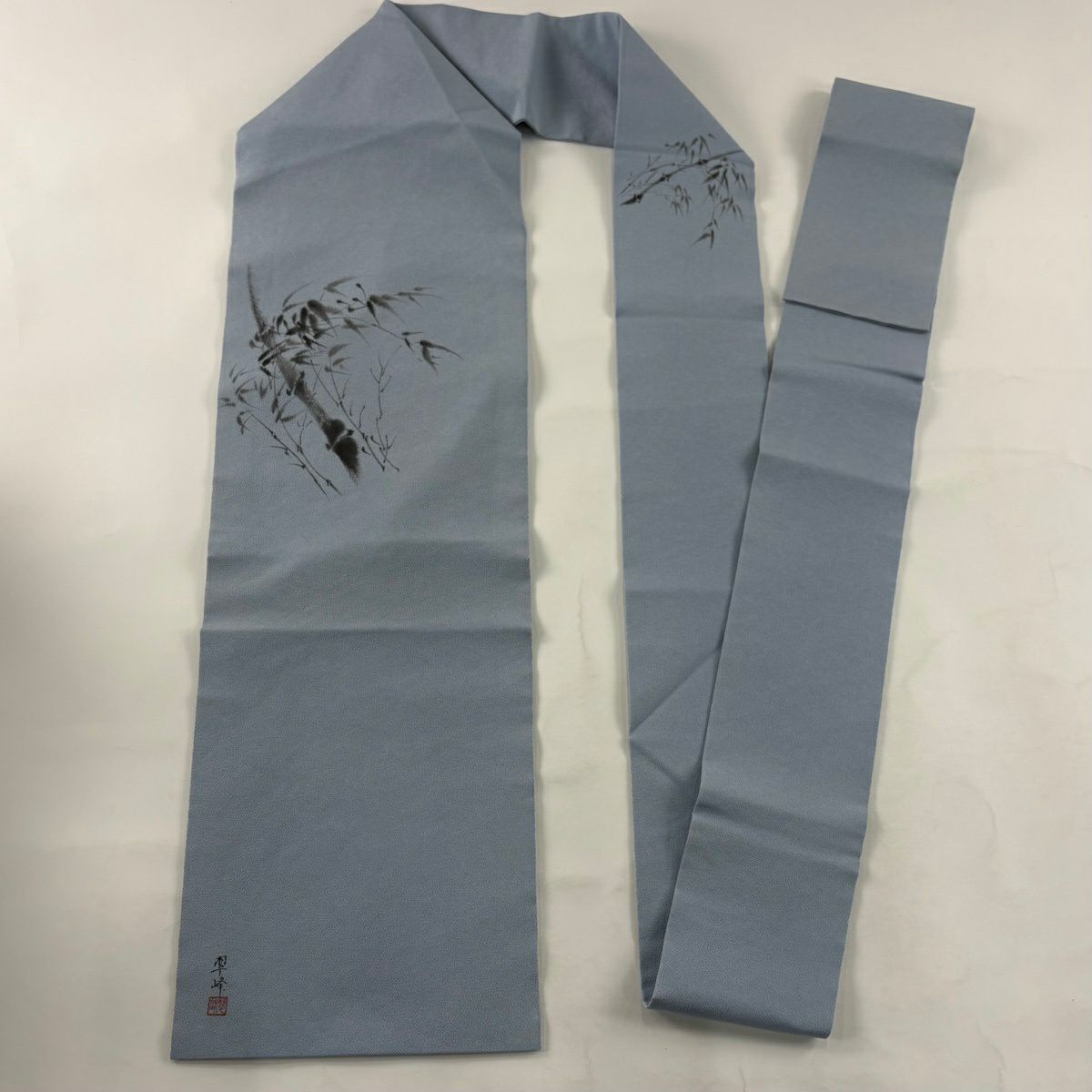 名古屋帶 秀品級 附有落款 翠峰 笹 縮緬 青灰色 純蠶絲