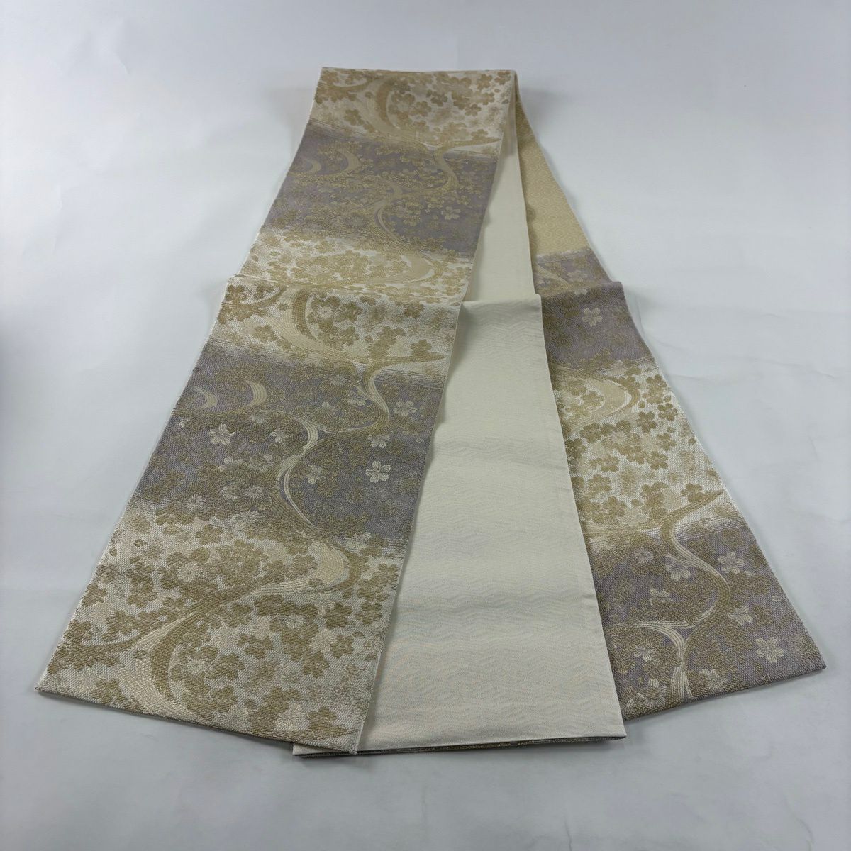 【美品】 袋帶 秀品級 樱花 流水 金絲 奶油 六通 純蠶絲