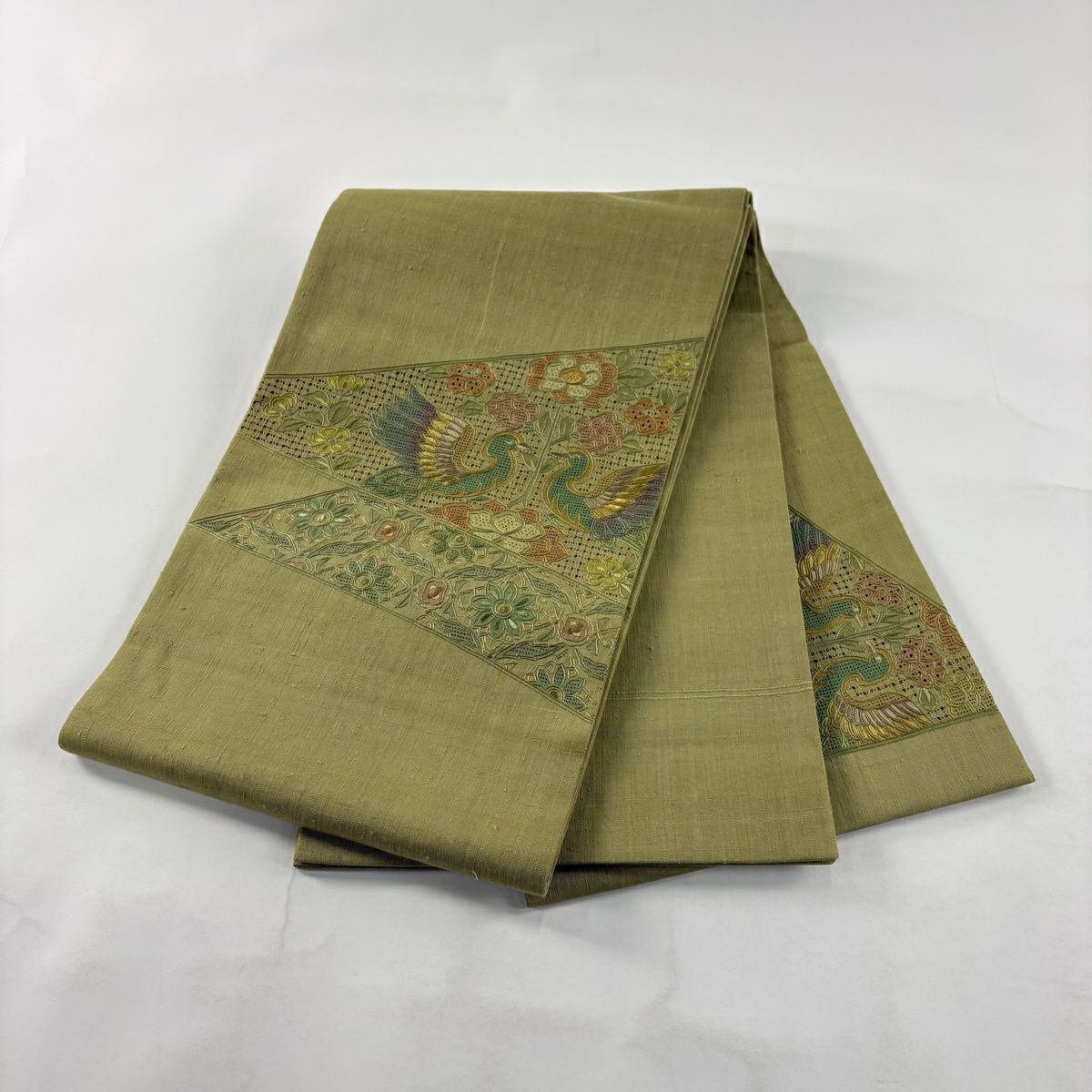 【美品】 袋帶 秀品級 紬織織 向鳥 草花紋刺繡 抹茶 深綠 大鼓圖案 純蠶絲