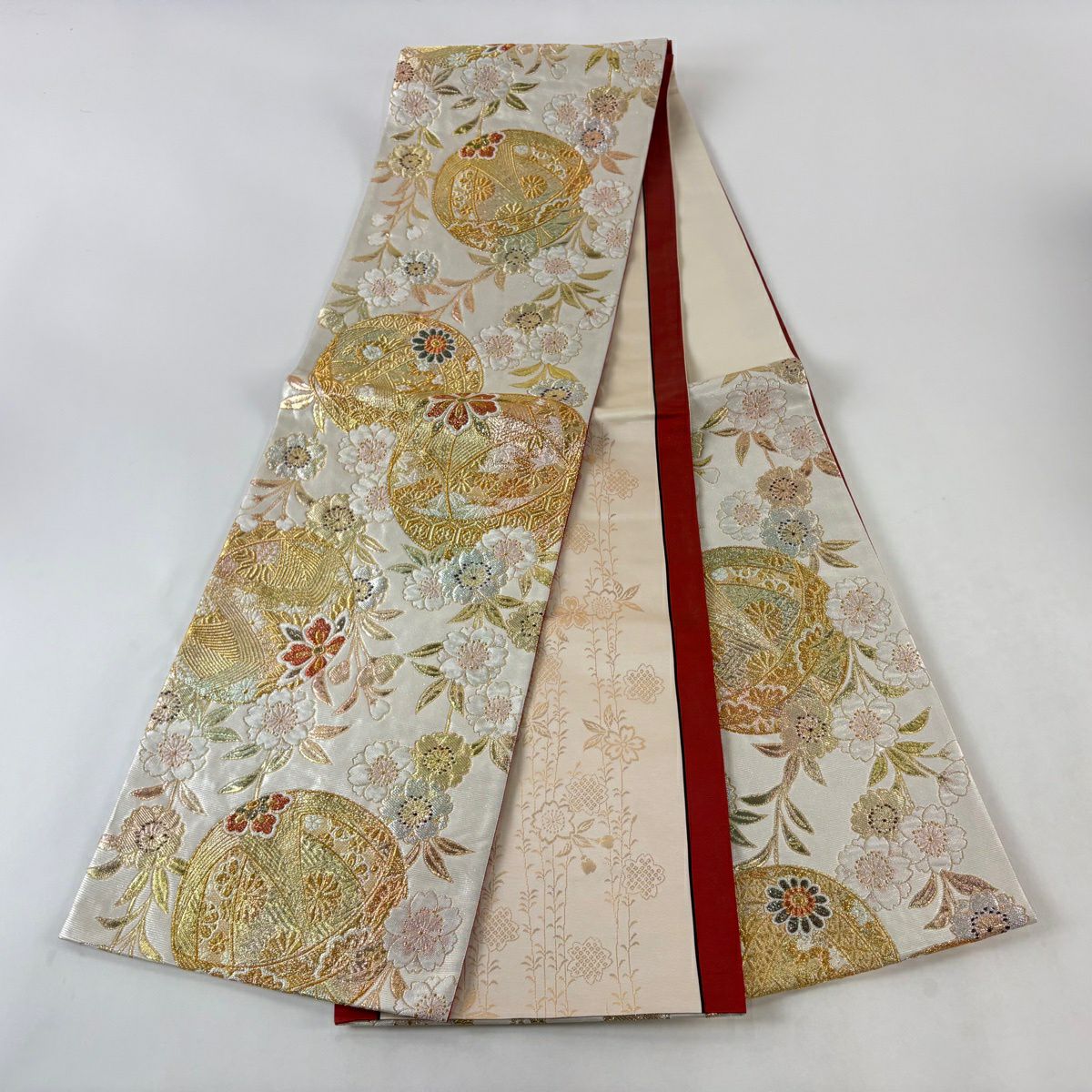 【美品】 袋帶 秀品級 振袖禮服禮服用 手毬 垂枝櫻 金銀彩 金金箔 米色 六通 純蠶絲
