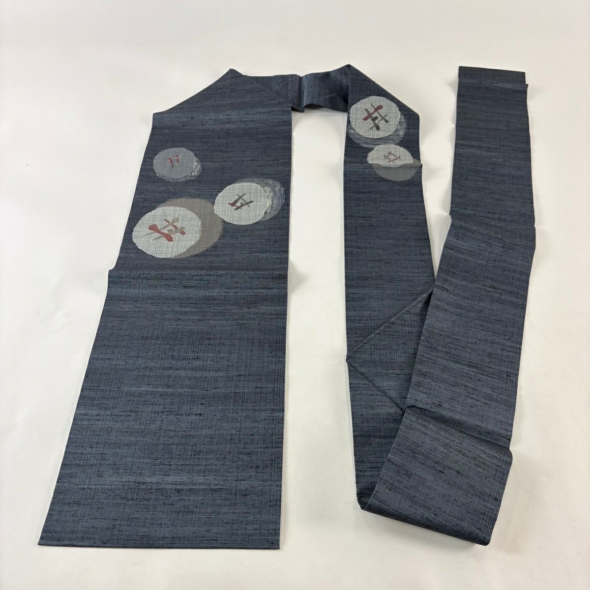 【美品】 名古屋帶 優品級 夏紬織織 圓文 幾何學 金絲 深藍 純蠶絲