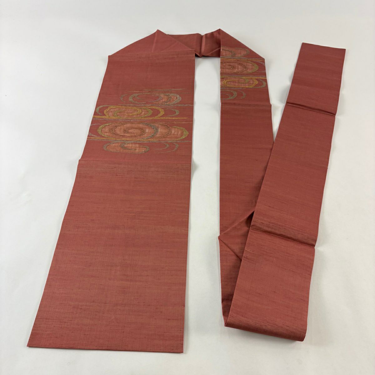 【美品】 名古屋帶 秀品級 夏紬織織 観世水 金糸 粉紅 純蠶絲