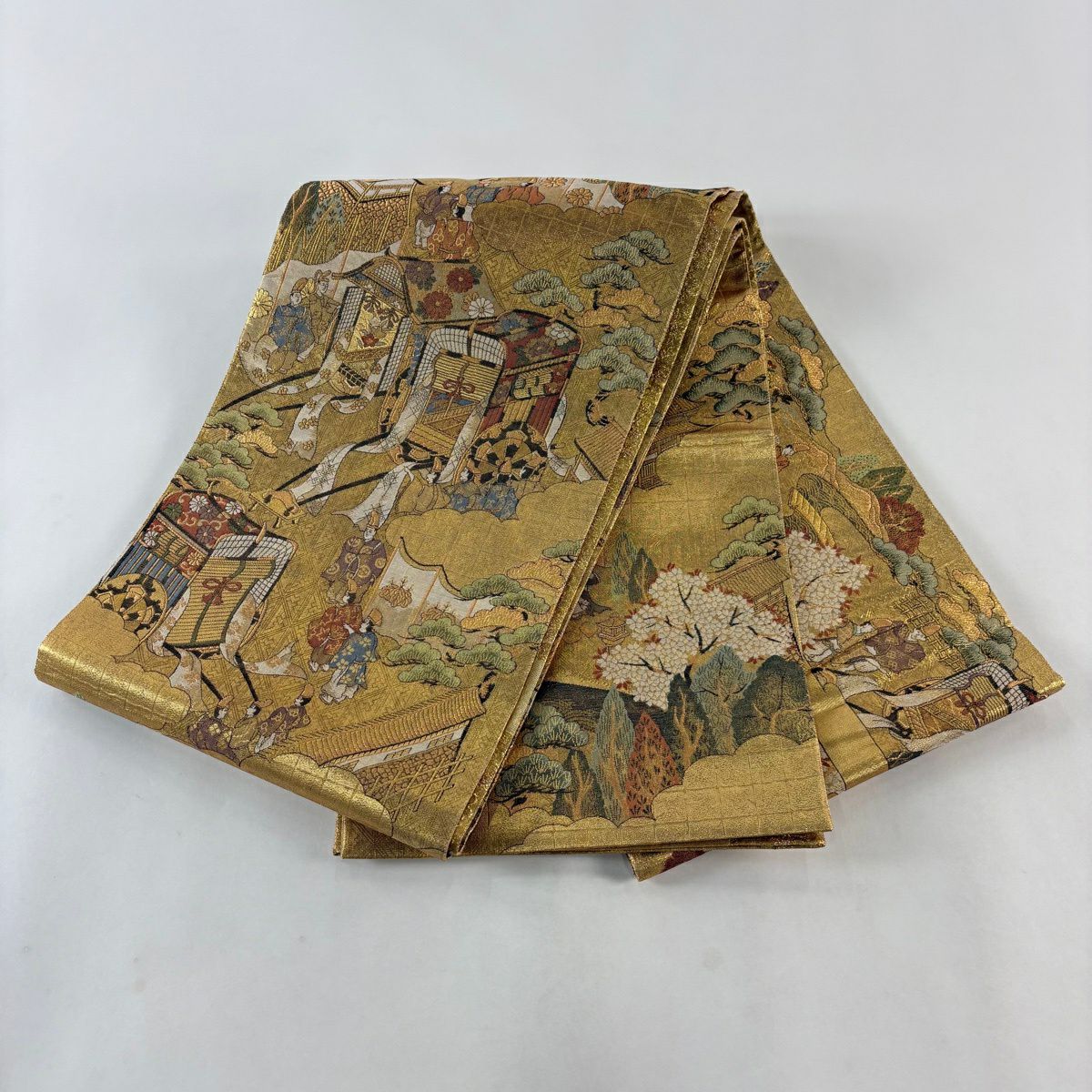 【美品】 袋帶 秀品級 御所車 人物 金金箔 金色 大鼓圖案 純蠶絲