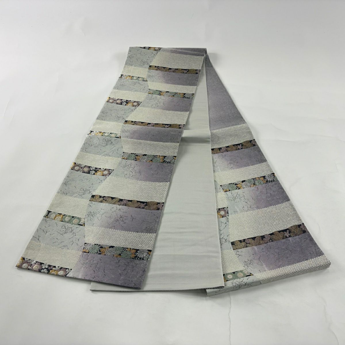 【美品】 袋帶 秀品級 松樹梅花 櫻花 金銀彩 金金箔 灰白 六通 純蠶絲