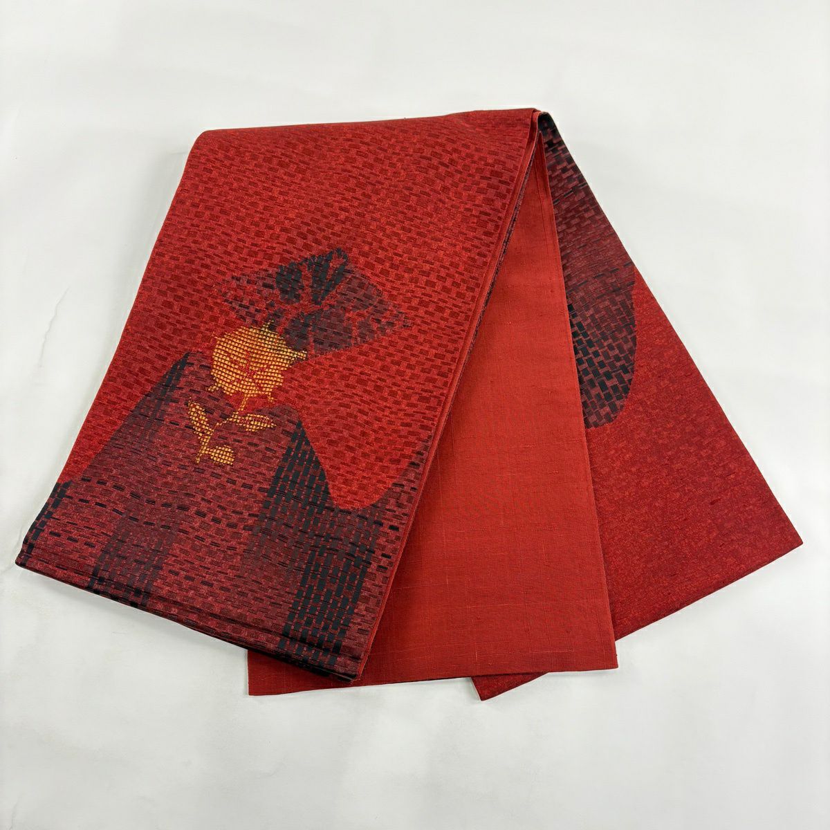 【美品】 袋帶 秀品級 紬織織 草花紋 幾何圖案 深紅色 大鼓圖案 純蠶絲