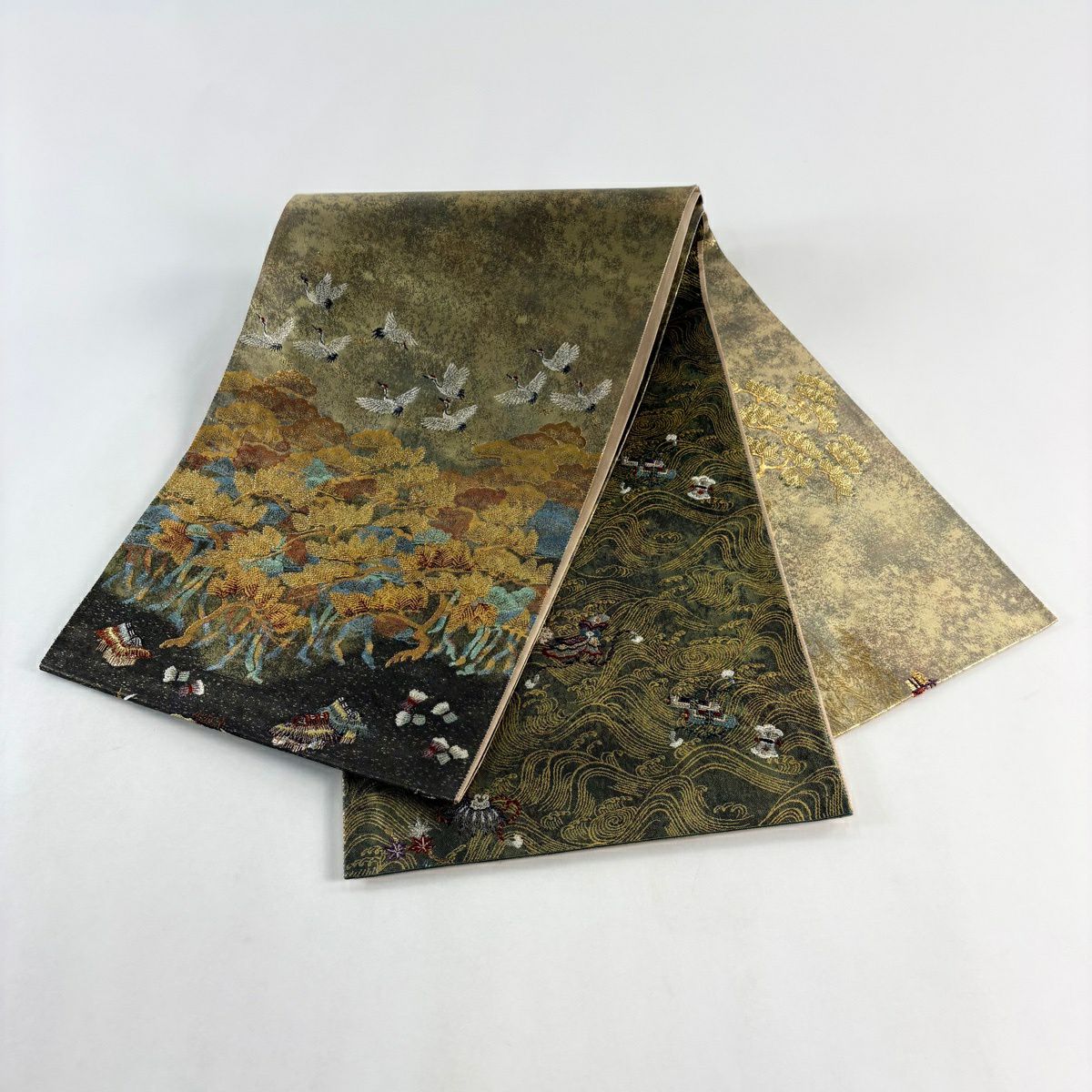 【美品】 袋帶 秀品級 茶屋辻松樹浜紋 仙鶴 金銀彩 金茶 お太鼓柄 純蠶絲
