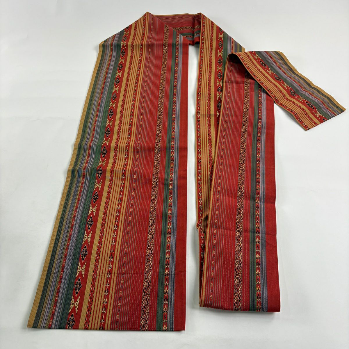 【美品】名古屋帶 秀品級 關西仕立 雜紋 菱文 茜 純蠶絲