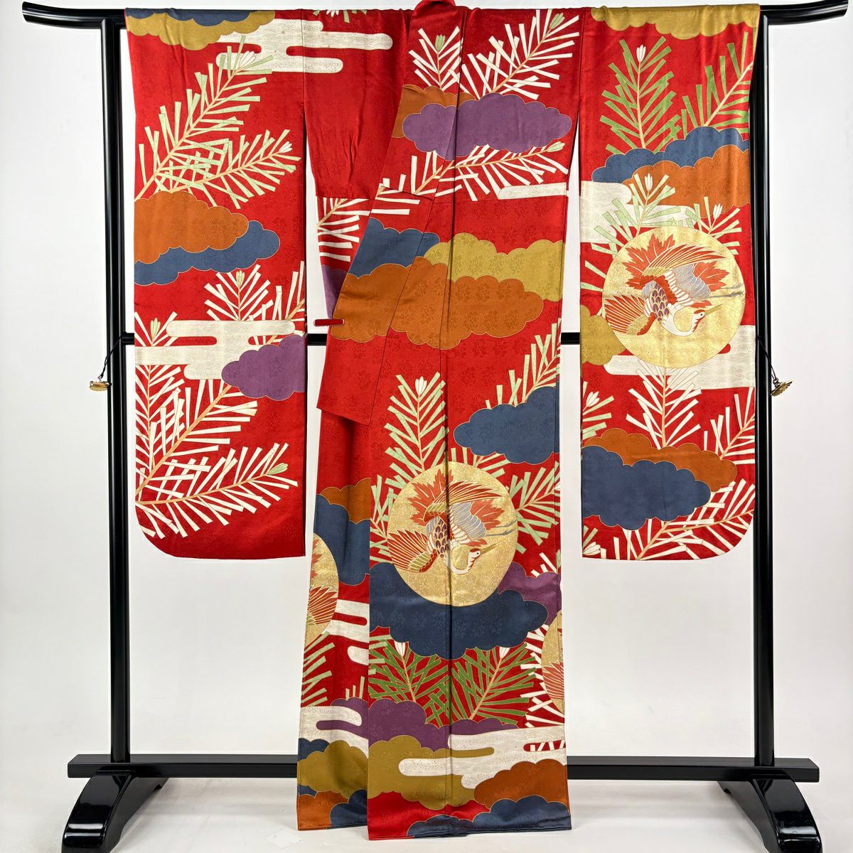 振袖禮服 身長165.5cm 袖長68cm L 雙層 藤井寛 落款あり 仙鶴 雲文 金絲 金銀彩 紅 純蠶絲 逸品級