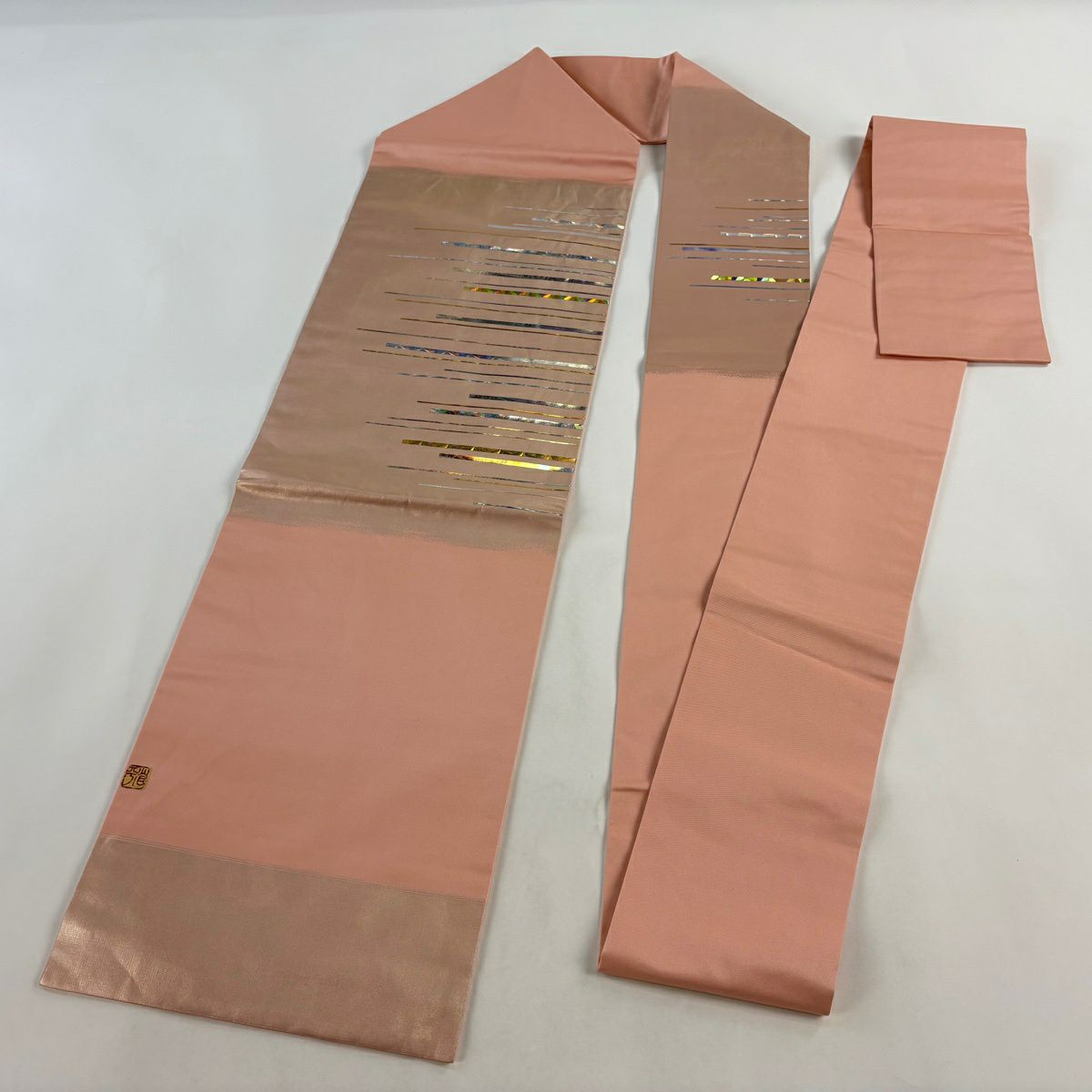 名古屋帶 名品級 堀省平 落款 縞紋 金金箔 淺粉色 純蠶絲