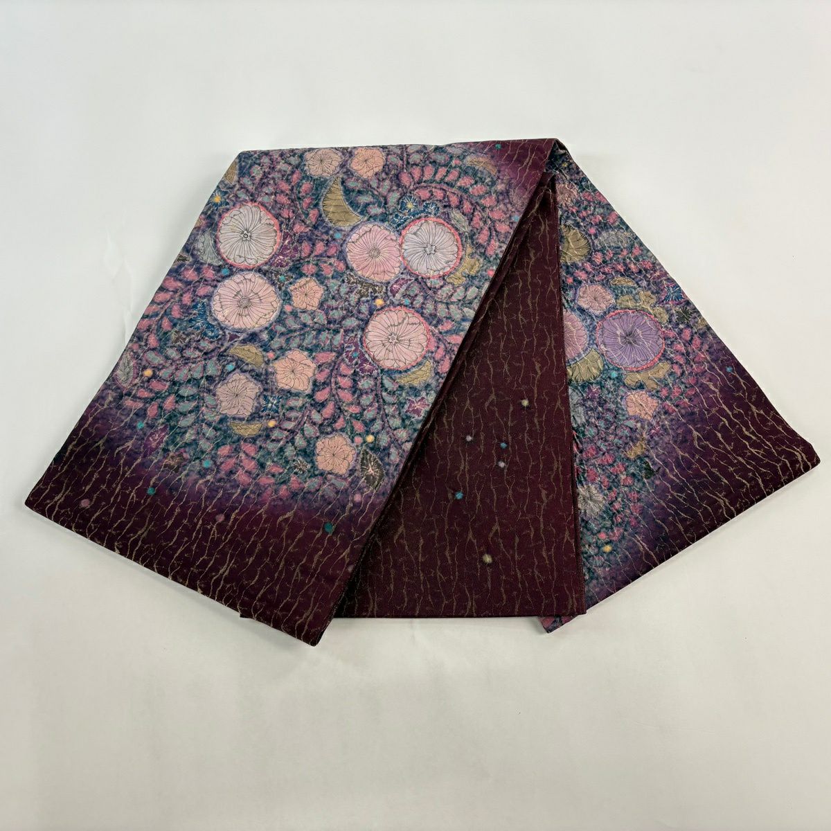 【美品】 袋帶 名品級 辻花染 幾何圖案 金絲 紅紫 お太鼓圖案 純蠶絲