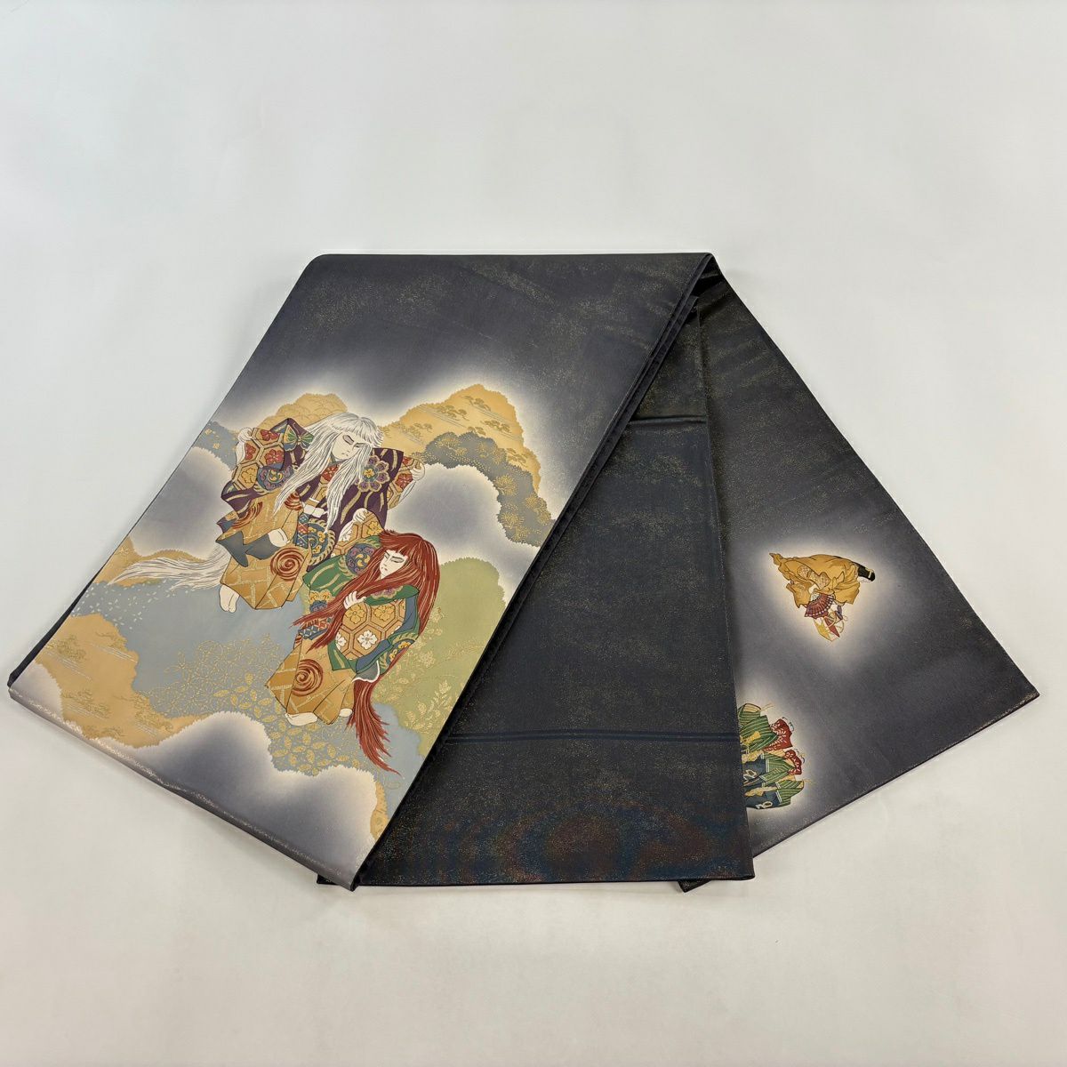 袋帶 名品級 樽本伊勢蔵 落款 連獅子 人物 金絲 金銀彩 灰色 大鼓圖案 純蠶絲