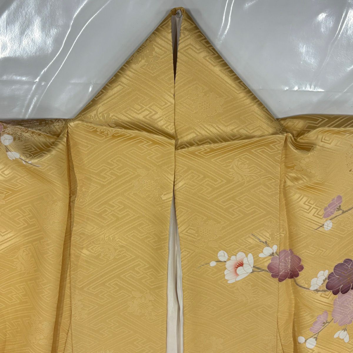 振袖禮服 身長168cm 袖長66.5cm M 雙層 牡丹 枝花 金絲 金銀彩 黃色 純蠶絲 優品級