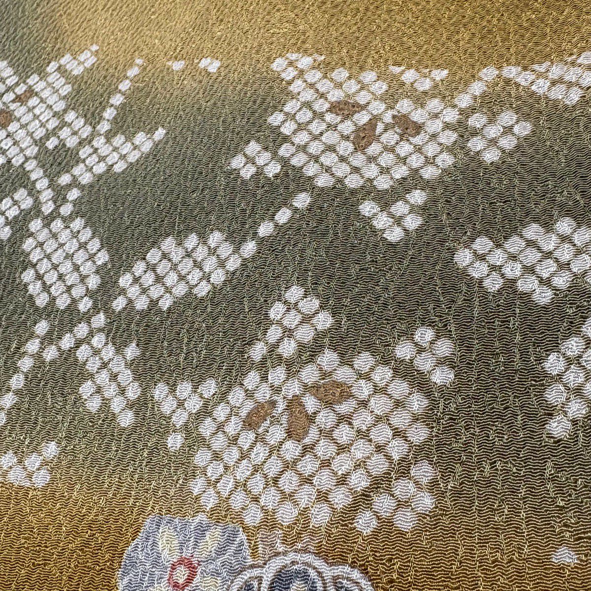 付下 身長157.5cm 袖長64.5cm M 雙層 橘花 菊花 漸層 黃土 純蠶絲 秀品級 一個紋
